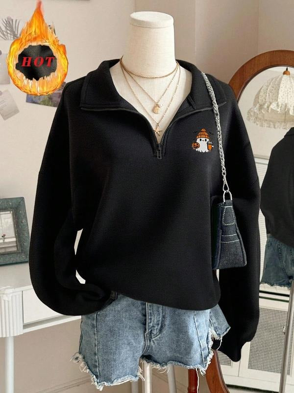 Women's Halloween Ghost Print Fleece Pullover Polo Shirt, Casual Fashion Sweatshirt for Fall & Winter, Cute Cartoon...