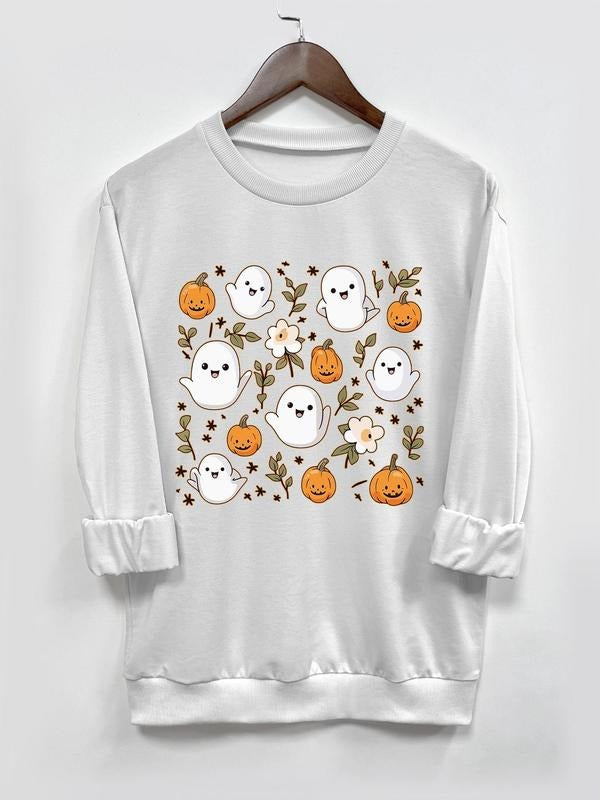 Women's Halloween Ghost Print Round Neck Pullover, Casual Long Sleeve Crew Neck Sweatshirt for Fall & Winter, Women's...