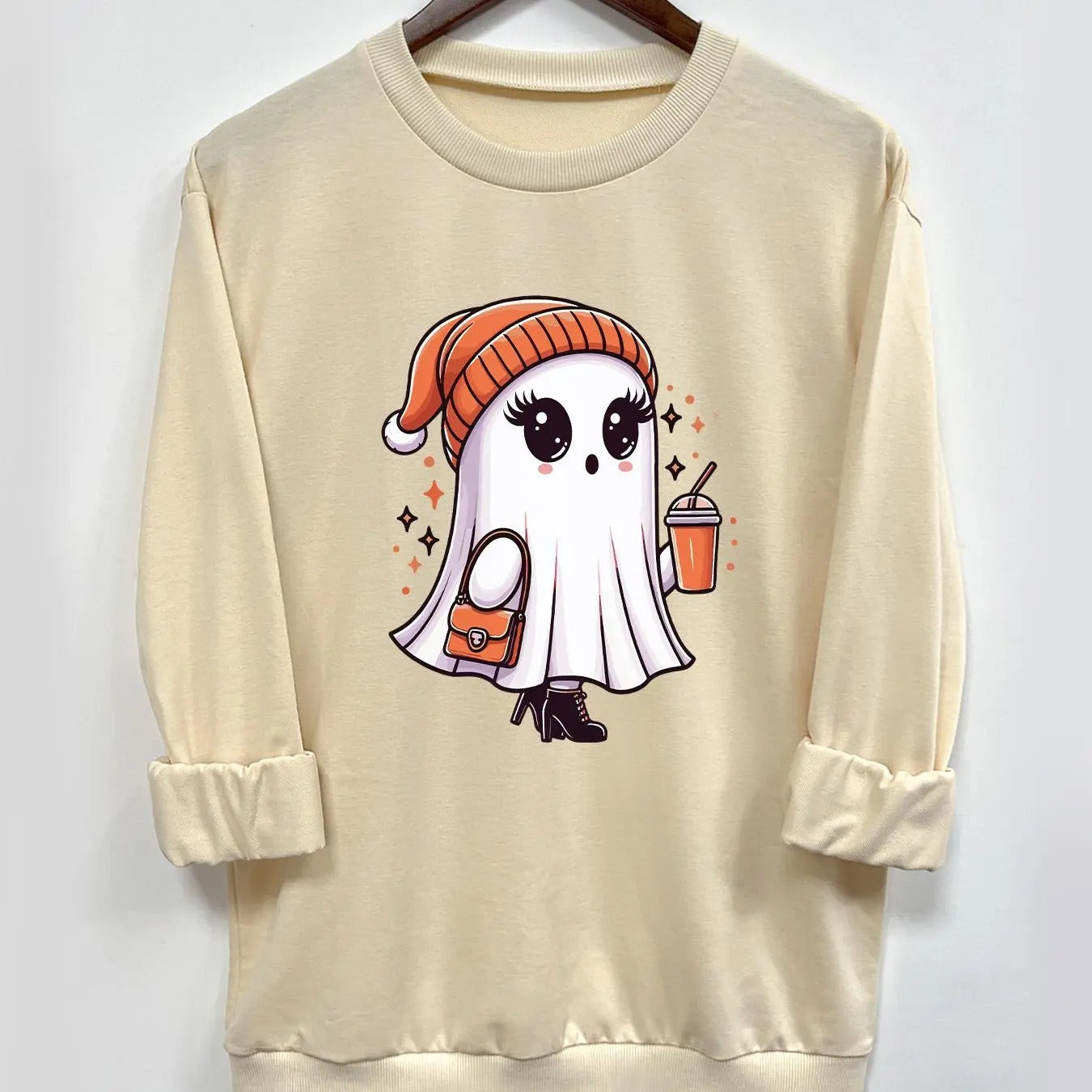 Women's Halloween Ghost Print Round Neck Sweatshirt, Casual Long Sleeve Crew Neck Pullover for Fall & Winter, Women's...