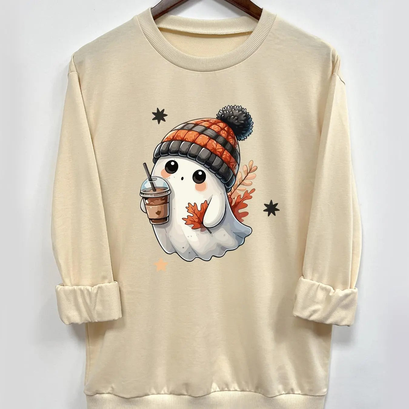 Women's Halloween Ghost Print Round Neck Sweatshirt, Casual Long Sleeve Crew Neck Pullover for Fall & Winter, Women's...