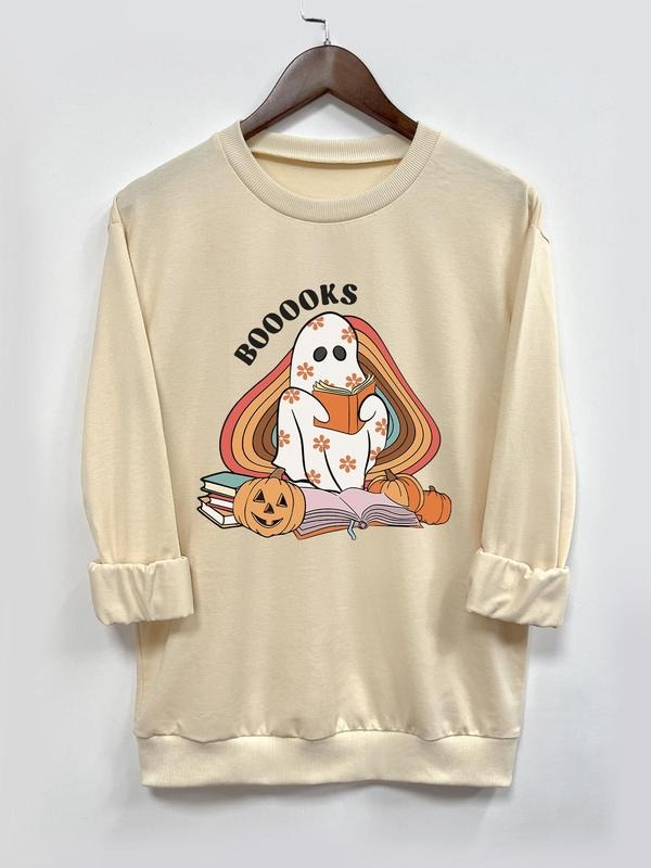 Women's Halloween Ghost Print Round Neck Sweatshirt, Casual Long Sleeve Crew Neck Pullover for Fall & Winter, Women's...