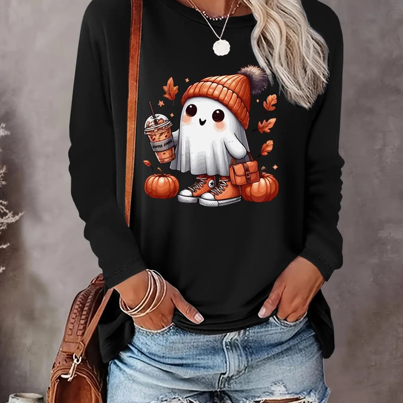 Women's Halloween Ghost Print Round Neck Tee, Casual Long Sleeve Crew Neck T-shirt  for Fall & Winter, Women's Clothes...