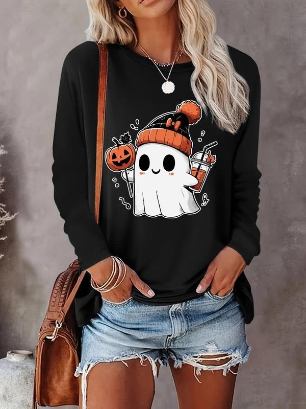 Women's Halloween Ghost Print Round Neck Tee, Casual Long Sleeve Crew Neck T-shirt  for Fall & Winter, Women's Clothes...
