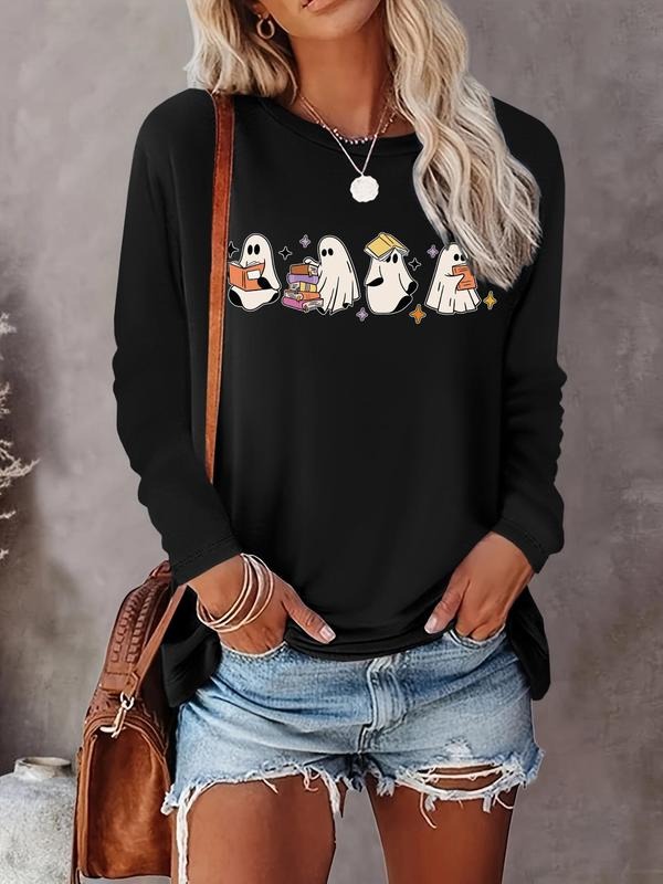 Women's Halloween Ghost Print Round Neck Tee, Casual Long Sleeve Crew Neck T-shirt for Fall & Winter, Women's Top for...