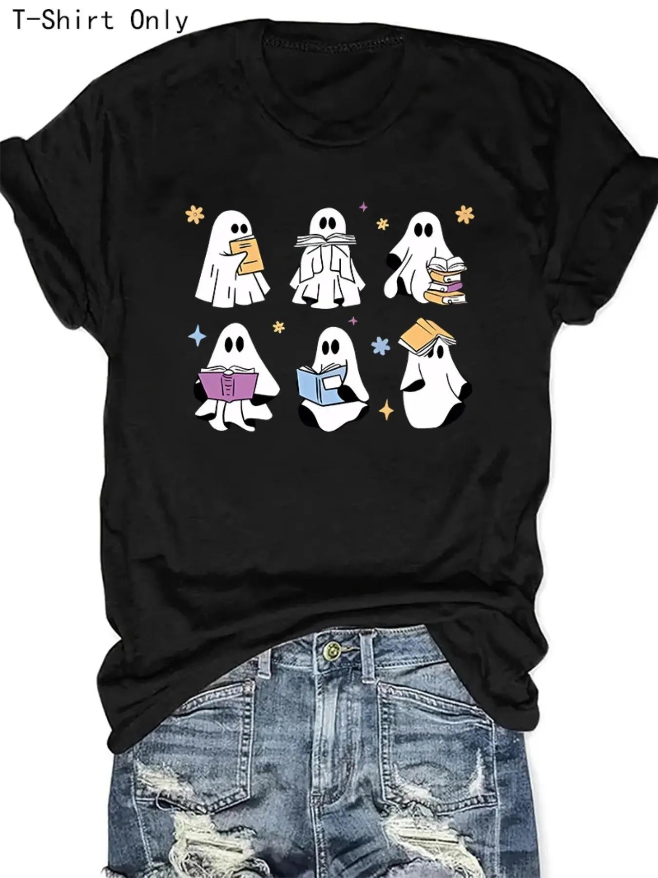 Women's Halloween Ghost Print Round Neck Tee, Casual Short Sleeve Crew Neck T-Shirt for Summer, Fashion Women's Top for...