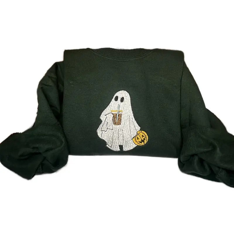 Women's Halloween Iced Coffee Ghost Sweatshirt with Embroidery Design T-Shirts, Hoodie | HypeDripTees.com