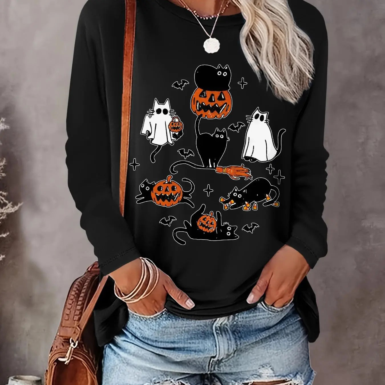 Halloween Print Casual Long Sleeve Round Neck Daily All Seasons T-Shirts, Hoodie, Sweatshirt
