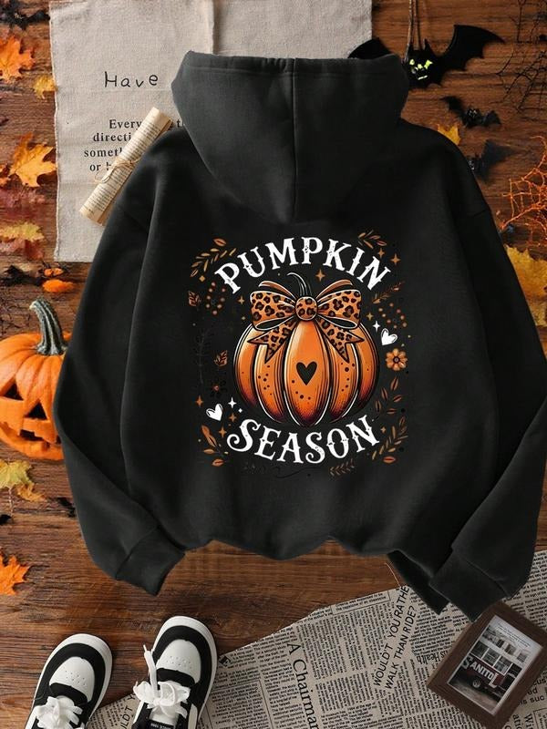 Women's Halloween Pumpkin Letter Print Hoodie, Casual Loose-Fit Fleece Pullover, Fall & Winter Fashion Sweatshirt for...