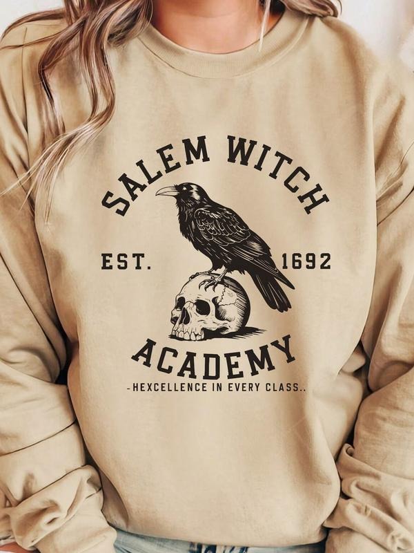Women's Halloween Skull & Raven Print Pullover Sweatshirt, Casual Fitted Round Neck Jumper, Thick Fabric Fall Winter Wear...