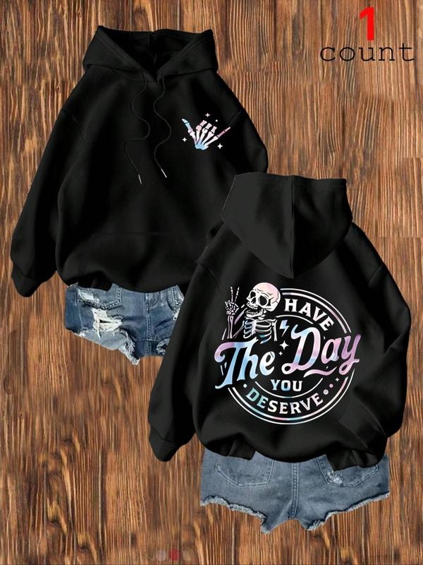 Women's Halloween Skull Print Hoodie, Fall Winter Warm Kangaroo Pocket Casual Loose Fit Sweatshirt, Korean Style Ladies...