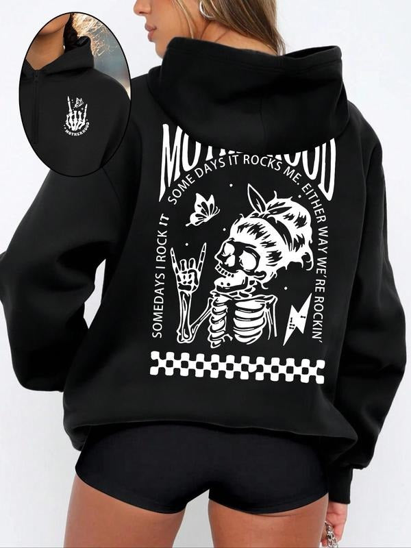 Women's Halloween Skull Print Zip Up Thermal Lined Hoodie, Fashion Casual Drop Shoulder Long Sleeve Hooded Sweatshirt for...