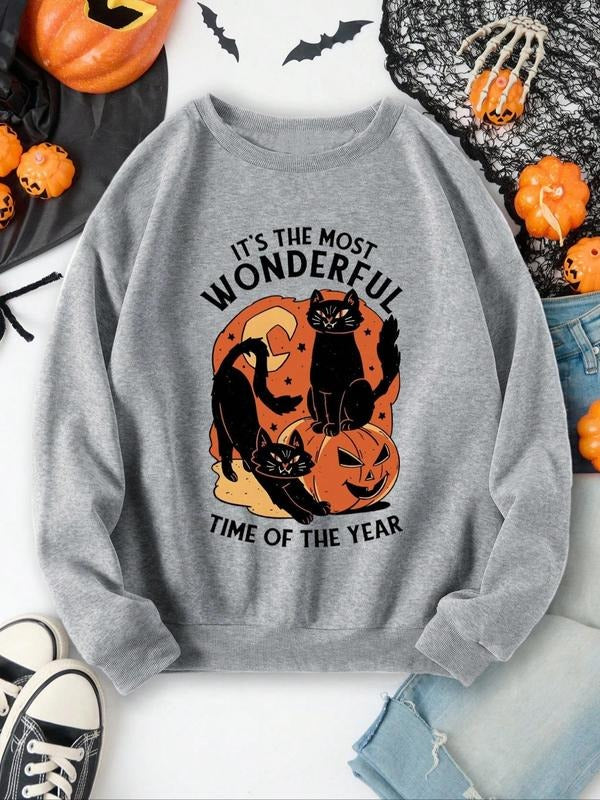 Women's Halloween Themed Cat & Pumpkin Print Drop Shoulder Sweatshirt, Casual Long Sleeve Round Neck Pullover for Fall &...