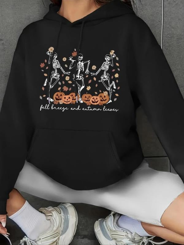 Women's Halloween Themed Drop Shoulder Drawstring Hoodie, Fashion Casual Pocket Hooded Sweatshirt for Daily Holiday...