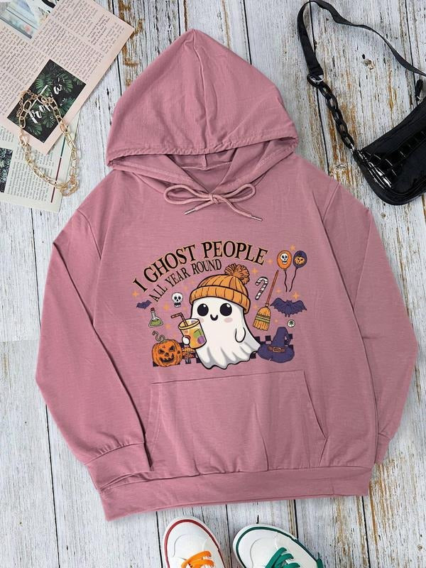Halloween Themed Ghost & Letter Print Drop Shoulder Casual Drawstring Pocket Hooded Daily Outdoor Fall & Winter T-Shirts, Hoodie, Sweatshirt