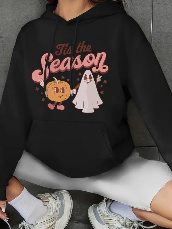 Women's Halloween Themed Ghost & Pumpkin Print Drop Shoulder Hoodie, Fashion Casual Drawstring Pocket Hooded Sweatshirt...