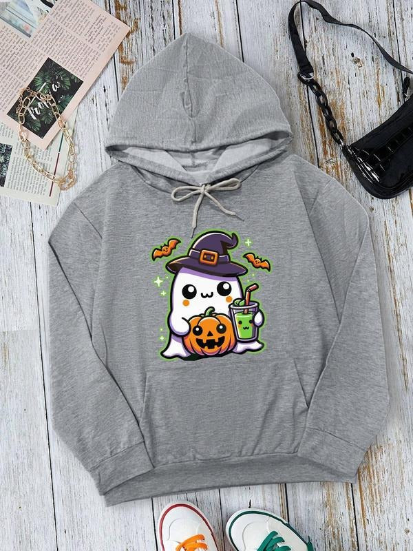 Women's Halloween Themed Ghost Graphic Print Drawstring Pocket Hoodie, Fashion Casual Drop Shoulder Long Sleeve Hooded...