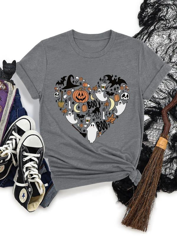 Women's Halloween Themed Heart Print Round Neck Tee, Casual Short Sleeve Crew Neck T-Shirt for Summer, Fashion Women's...