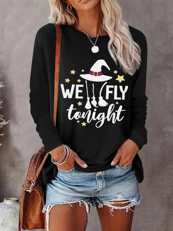 Women's Halloween Themed Letter Graphic Print Tee, Casual Long Sleeve Crew Neck T-shirt for Spring & Fall, Women's Top...