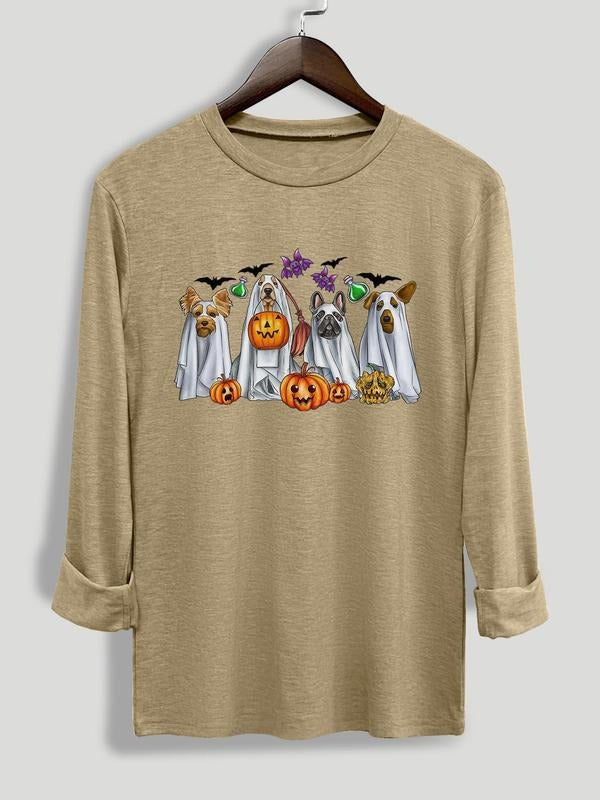 Women's Halloween Themed Print Round Neck Tee, Casual Long Sleeve Crew Neck T-shirt for Daily Wear, Ladies Clothing for...