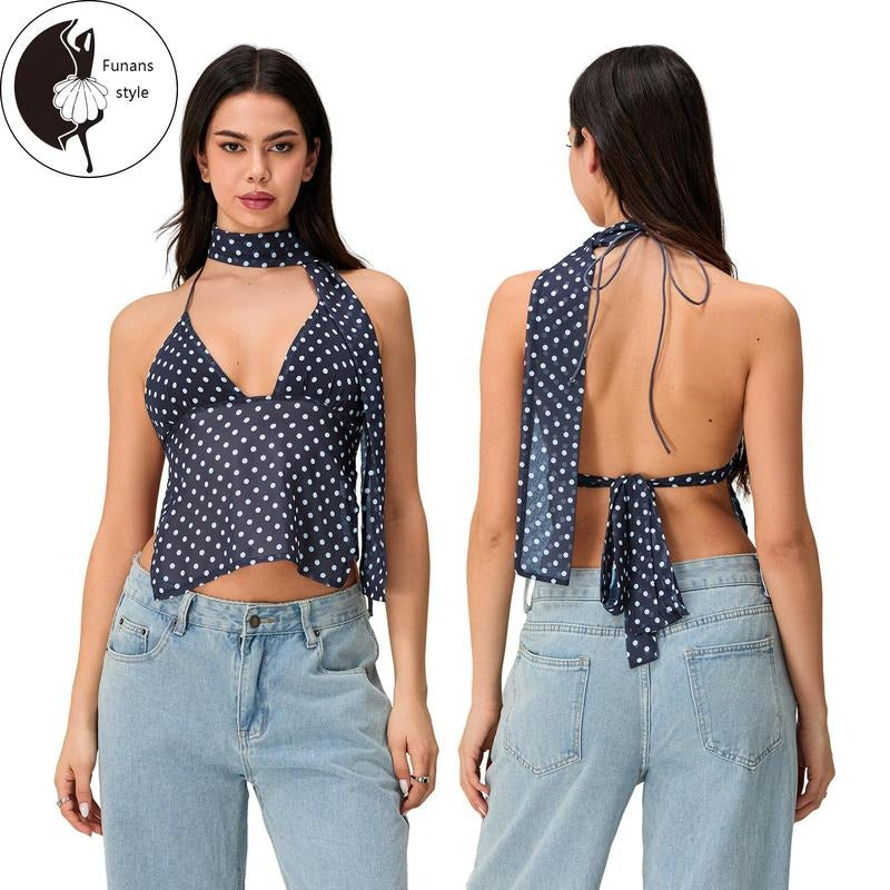 Women's Halter Neck Tops Sleeveless Tie Backless Dots PrintFit Cami Tops Summer Shirts Hoodie, Sweatshirt | HypeDripTees.com