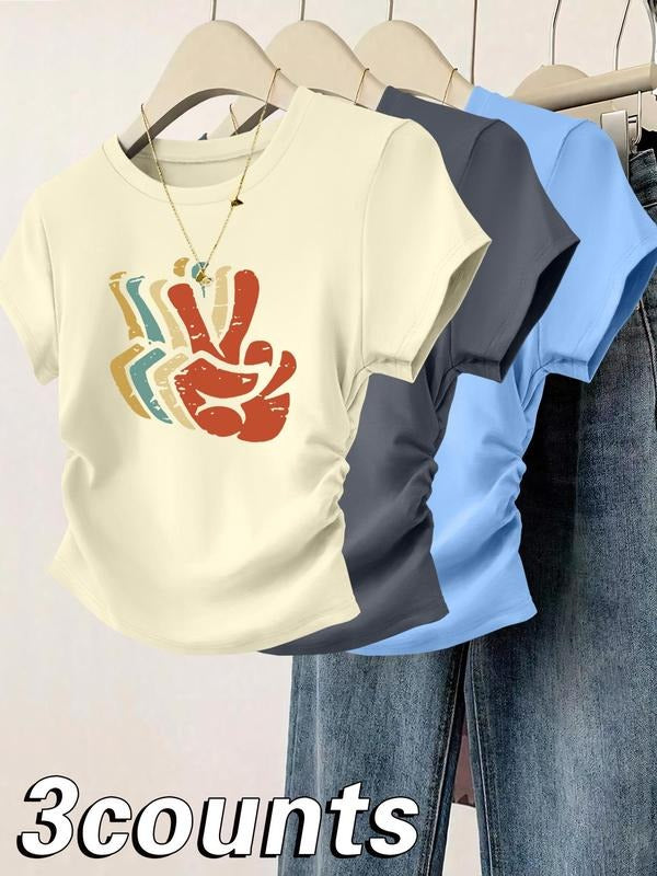 Women's Hand Print Round Neck Tee, Casual Short Sleeve T-shirt for Daily Wear, Ladies Clothes for All Seasons, Top...