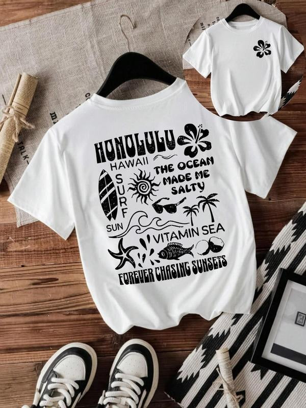 Women's Hawaii Print Round Neck Tee, Vintage Trendy Casual Short Sleeve T-shirt for Daily Wear, Ladies Summer, Top...