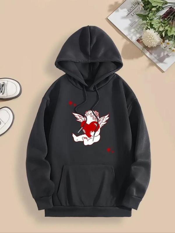 Women's Heart & Angel Wing Print Hoodie, Fashion Casual Hooded Sweatshirt for Daily Holiday Outdoor Wear, Ladies Clothes...