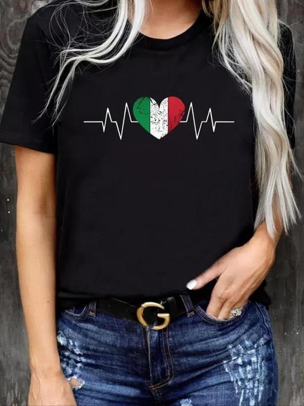 Women's Heart & Italy Flag Print Round Neck T-shirt, Casual Short Sleeve T-shirt for Summer, Ladies Clothes for Daily...