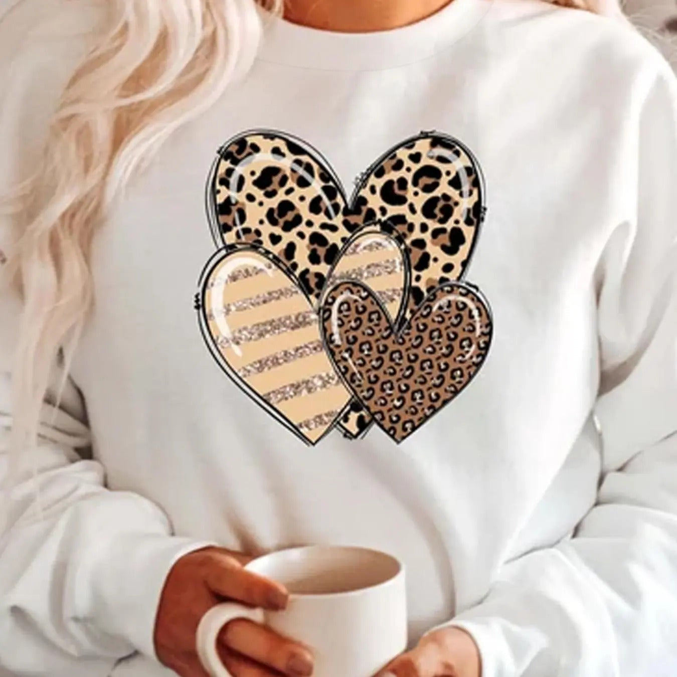 Women's Heart & Leopard Print Crew Neck Sweatshirt, Casual Long Sleeve Pullover for Fall & Winter, Women's Clothes for...