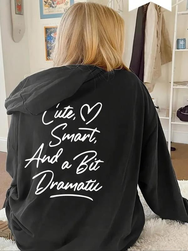 Women's Heart & Letter Print Drop Shoulder Hoodie, Fashion Casual Drawstring Pocket Hooded Sweatshirt for Daily Holiday...