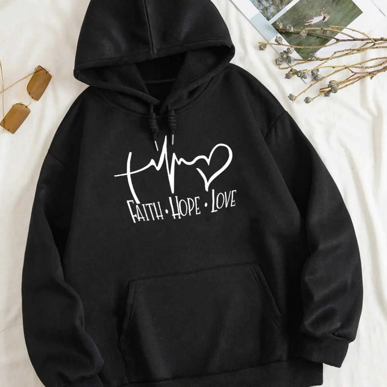 Women's Heart & Letter Print Drop Shoulder Hoodie, Fashion Casual Drawstring Pocket Hooded Sweatshirt for Daily Holiday...