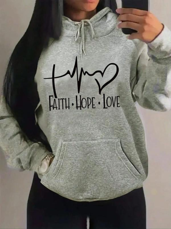 Women's Heart & Letter Print Drop Shoulder Long Sleeve Hoodie, Fashion Drawstring Pocket Hooded Sweatshirt, Women...