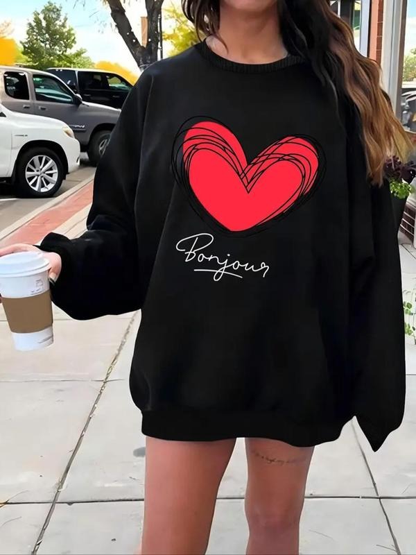Women's Heart & Letter Print Drop Shoulder Sweatshirt, Casual Long Sleeve Round Neck Pullover for Fall & Winter, Women's...