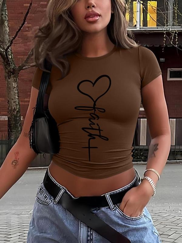 Women's Heart & Letter Print Round Neck Crop Tee, Casual Short Sleeve Crew Neck T-shirt for Daily Wear, Ladies Clothes...