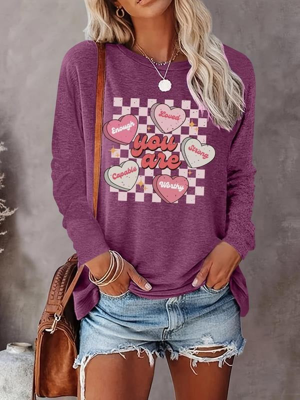 Women's Heart & Letter Print Round Neck Tee, Casual Long Sleeve Crew Neck T-shirt for Fall & Winter, Women's Top for...