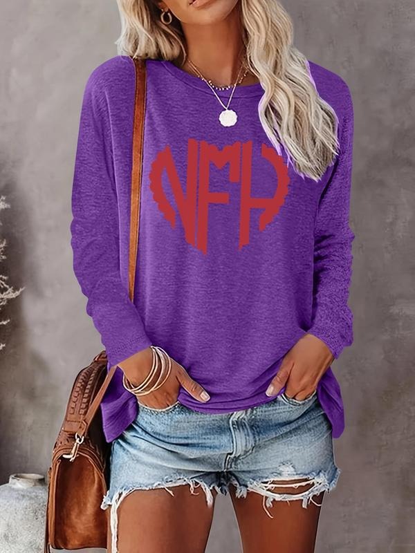 Women's Heart & Letter Print Round Neck Tee, Casual Long Sleeve Crew Neck T-shirt for Spring & Fall, Women's Top for...