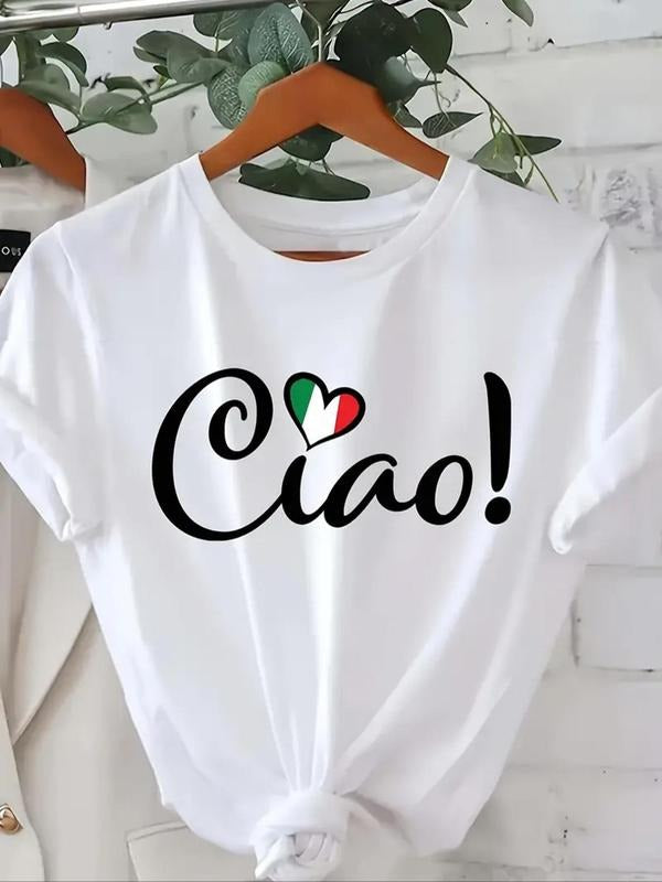 Women's Heart & Letter Print Round Neck Tee, Casual Short Sleeve Crew Neck T-Shirt for Summer, Fashion Women's Top for...