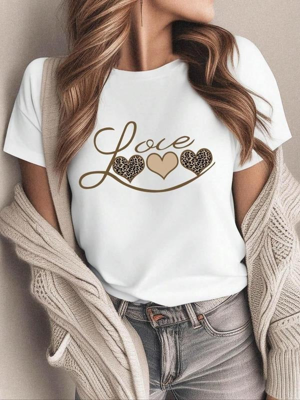 Women's Heart & Letter Print Round Neck Tee, Casual Short Sleeve Crew Neck T-Shirt for Summer, Fashion Women's Top for...
