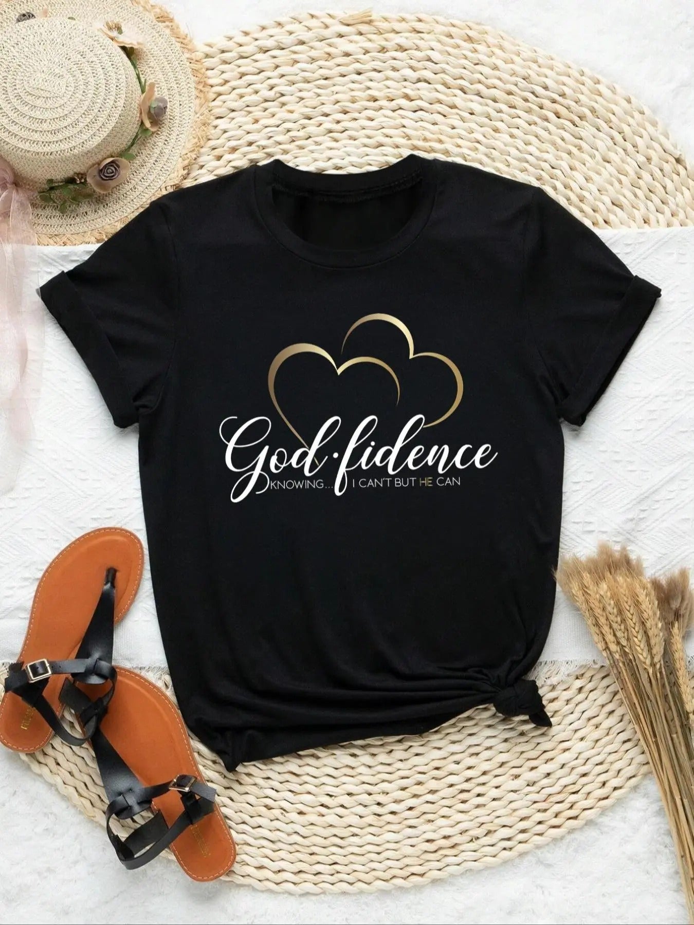 Women's Heart & Letter Print Round Neck Tee, Casual Short Sleeve Crew Neck T-shirt for Daily Wear, Ladies Clothes for All...