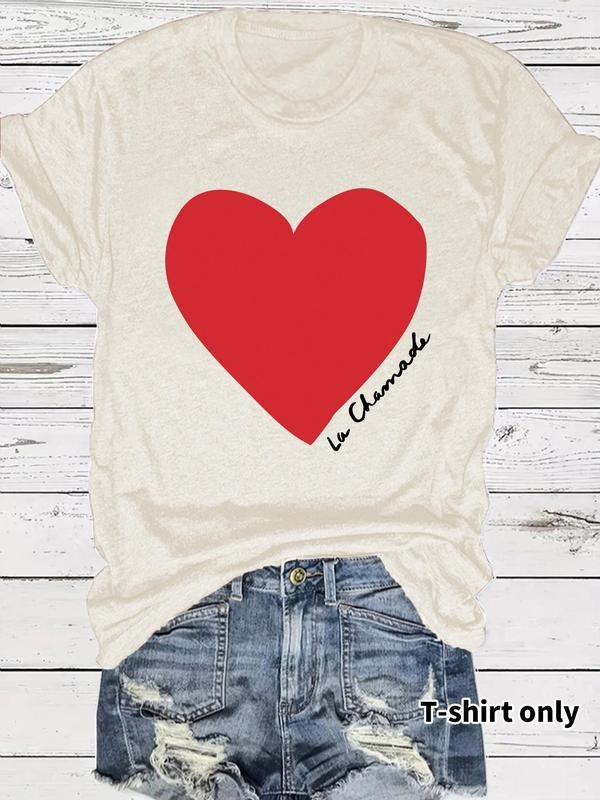 Women's Heart & Letter Print Round Neck Tee, Vintage Trendy Casual Short Sleeve T-shirt for Daily Wear, Ladies Summer,...