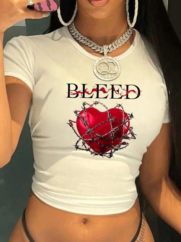 Women's Heart & Thorns Print Crop Tee, Casual Slim-fitting Short Sleeve T-shirt, Ladies Summer Clothes for Daily Wear,...