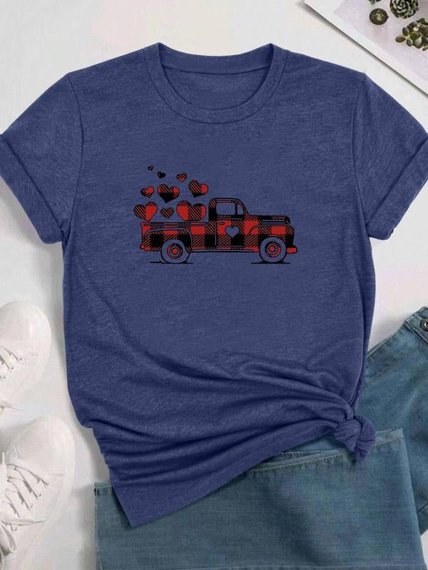 Women's Heart & Truck Print Round Neck Tee, Casual Letter Graphic Short Sleeve T-shirt for Daily Wear, Ladies Clothes for...