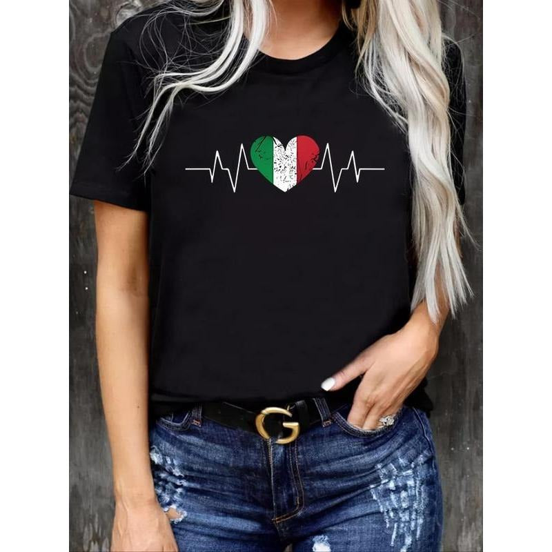 Women's Heart Print Crew Neck Tee, Casual Short Sleeve Round Neck T-shirt, Back To School Outfits, Graphic Tee Shirts,...