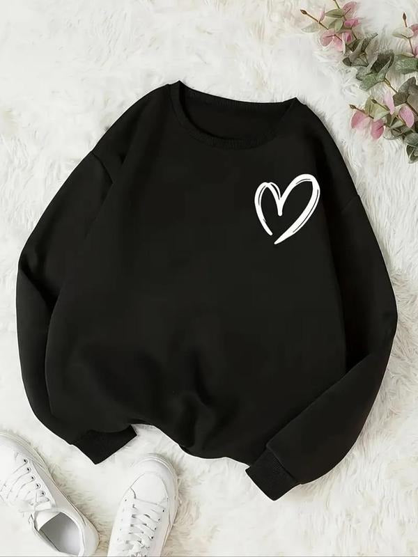 Women's Heart Print Drop Shoulder Pullover, Casual Long Sleeve Crew Neck Sweatshirt for Daily Wear, Ladies Clothes for...