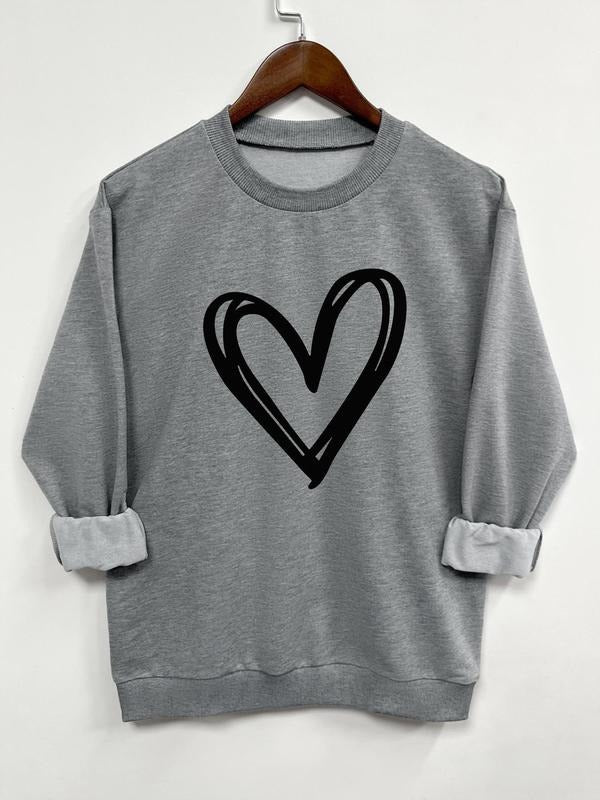 Women's Heart Print Round Neck Sweatshirt, Casual Long Sleeve Crew Neck Pullover for Spring & Fall, Fashion Women's Top...