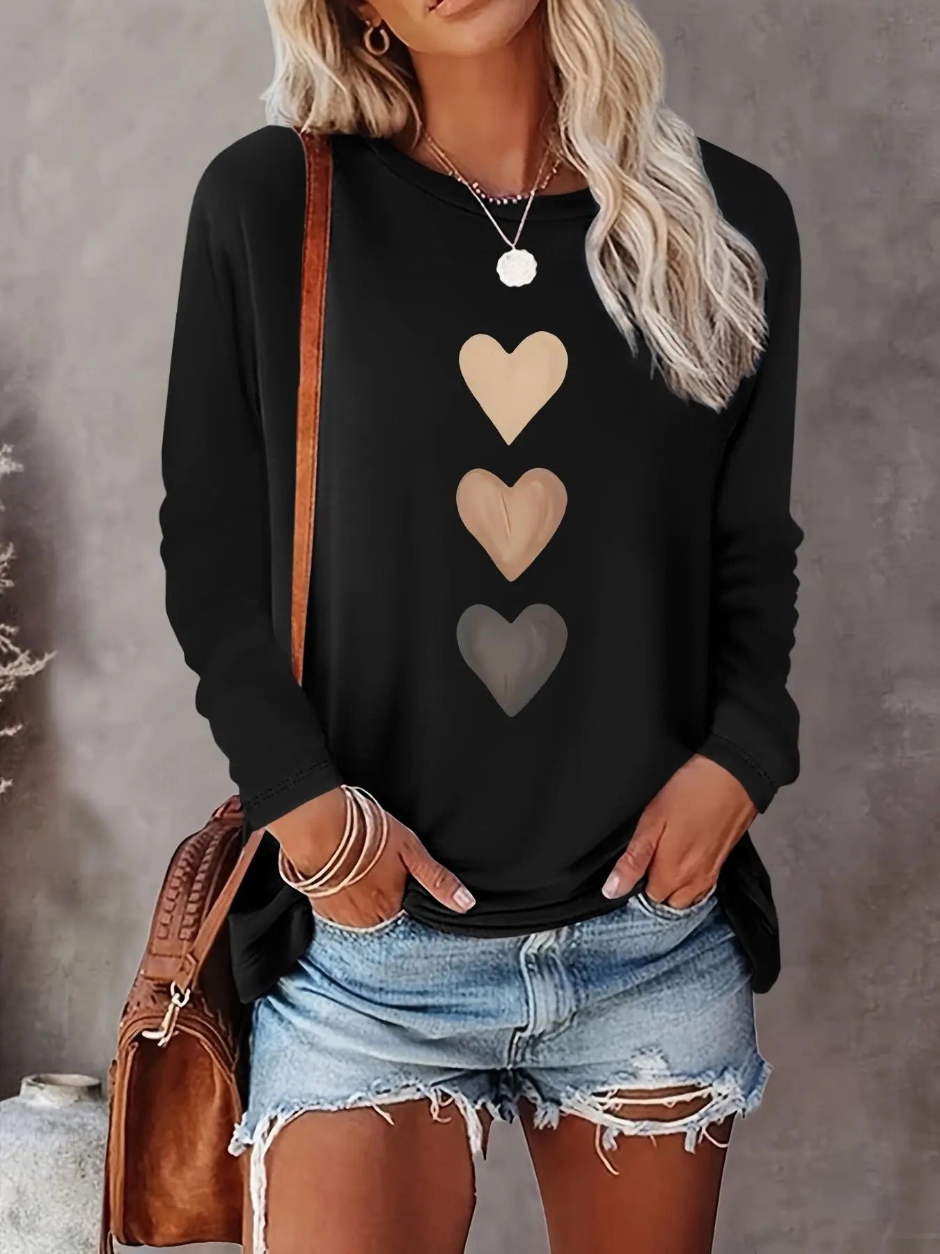 Women's Heart Print Round Neck T-shirt, Casual Long Sleeve Crew Neck T-shirt for Spring & Fall, Fashion Women's Top for...