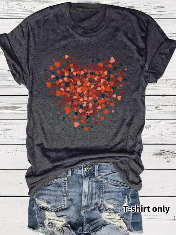 Women's Heart Print Round Neck Tee, Casual Short Sleeve Crew Neck T-Shirt for Summer, Fashion Women's Top for Daily Wear...