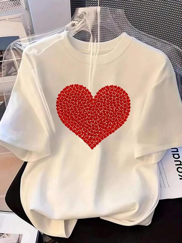 Women's Heart Print Round Neck Tee, Casual Short Sleeve Crew Neck T-Shirt for Summer, Fashion Women's Top for Daily Wear...