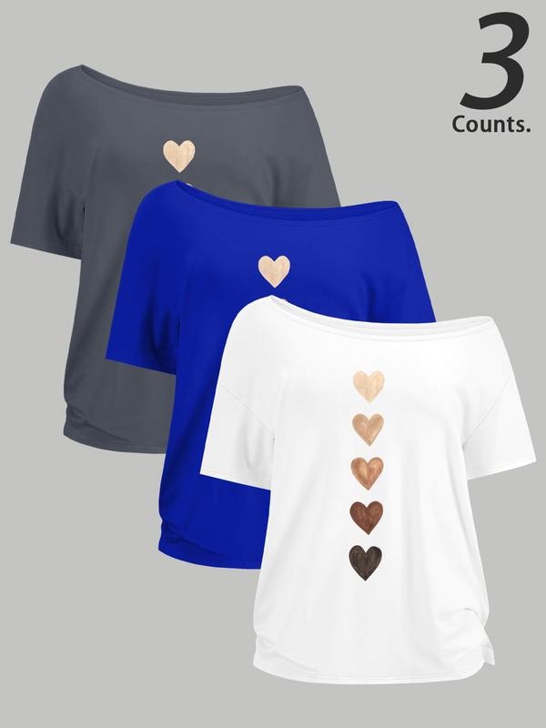 Women's Heart Print Round Neck Tee, Casual Short Sleeve Crew Neck T-Shirt for Summer, Fashion Women's Top for Daily...