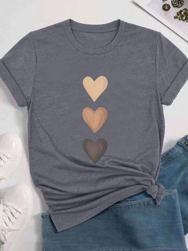 Women's Heart Print Round Neck Tee, Casual Short Sleeve Crew Neck T-shirt for Daily Wear, Ladies Clothes for All Seasons,...